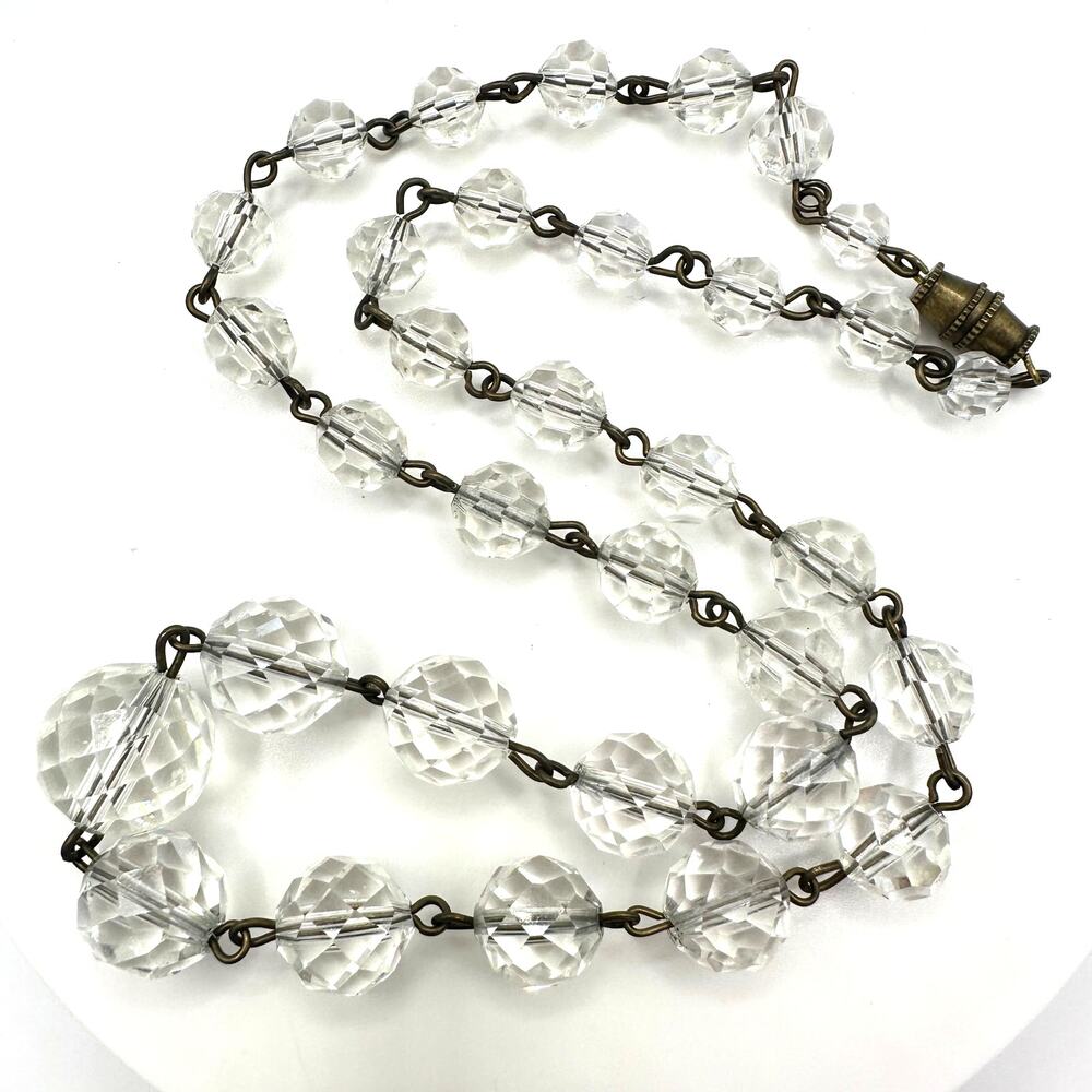 1940s vintage gold tone brass clear faceted glass beaded graduated 19" necklace
